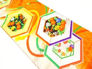 リサイクル　亀甲に組紐・花々模様織出し袋帯